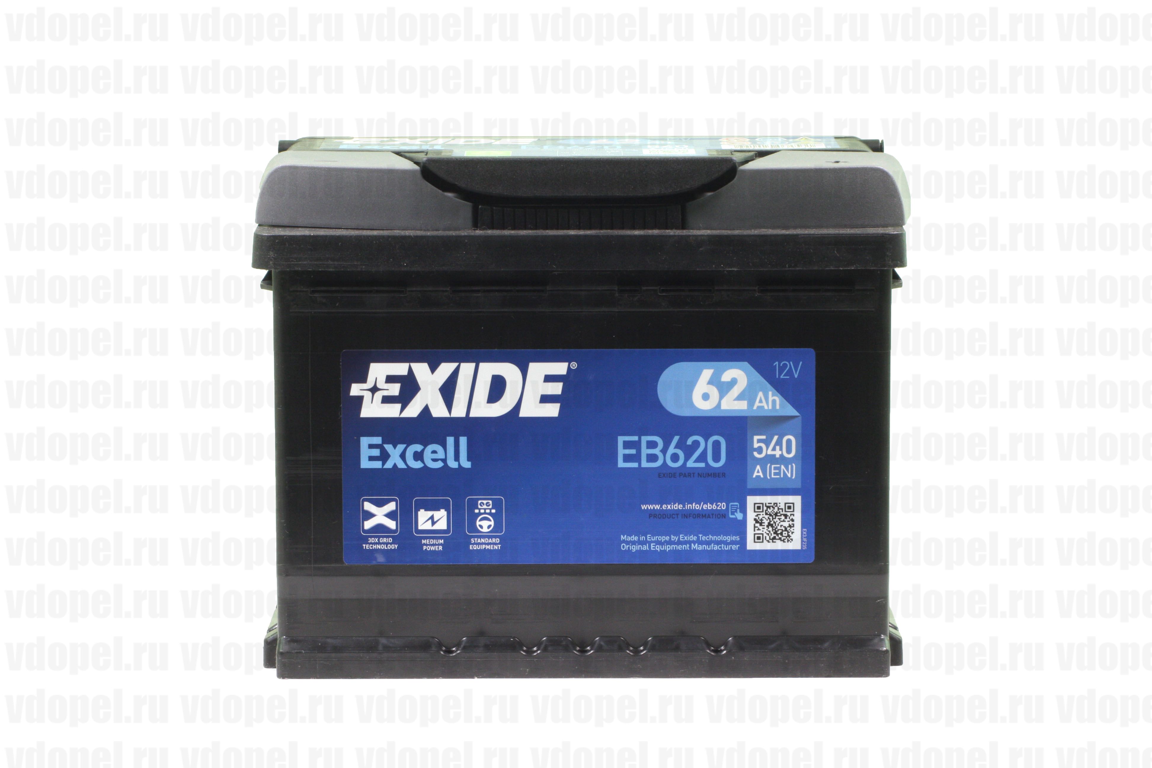 EXIDE EB620  - Аккумулятор 12V 62Ah,  540А 242х175х190 полярность ETN0 клемы EN крепление B13 
